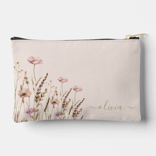 Rose Gold Script Floral Name Monogram Zubehörtasche (Rückseite)