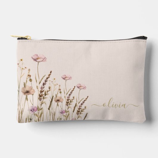 Rose Gold Script Floral Name Monogram Zubehörtasche (Vorderseite)