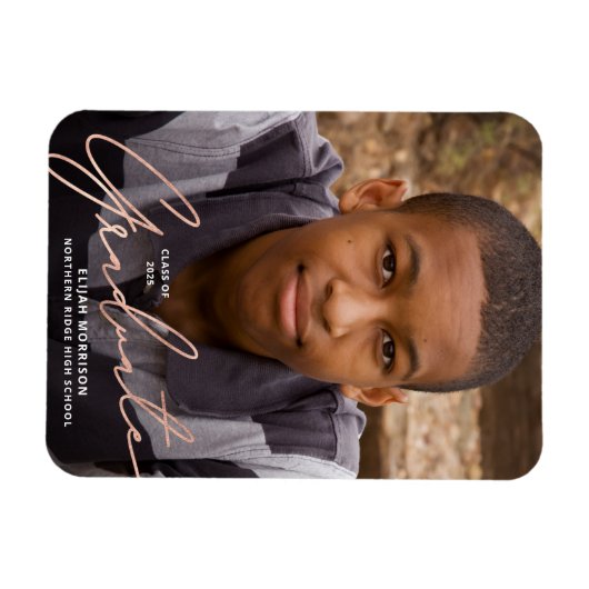 Rose Gold Script Foto Abschluss Ankündigung Magnet (Horizontal)