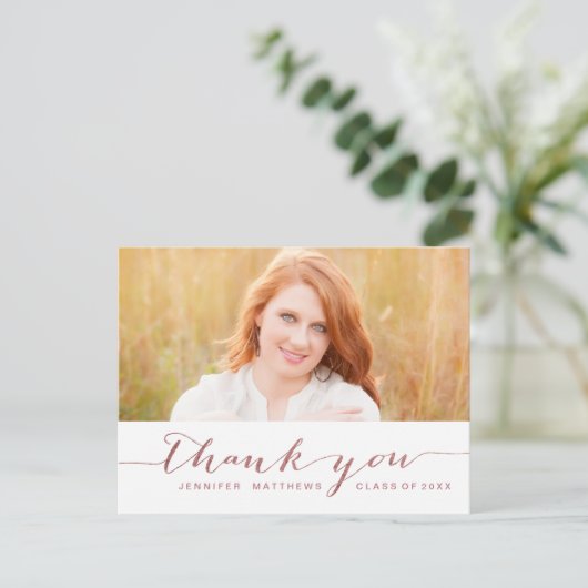 Rose Gold Script Foto Abschluss Vielen Dank Postkarte (Stehend Vorderseite)