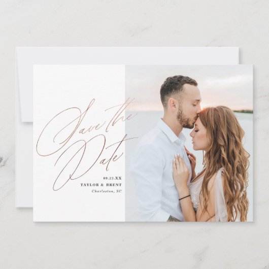 Rose Gold Script Foto Save the Date Imitate Foil (Vorderseite)