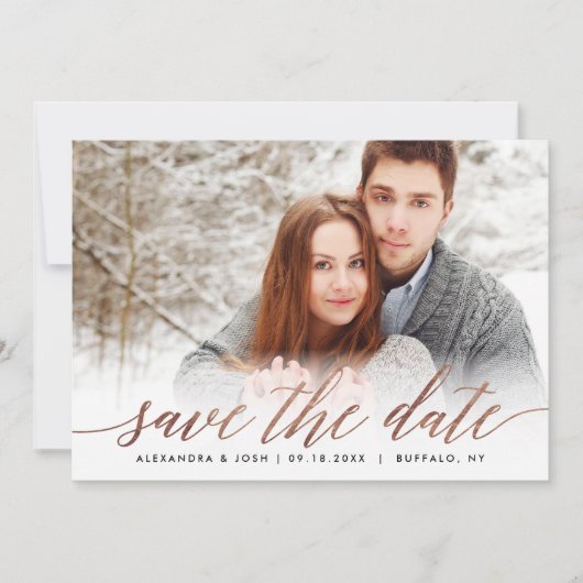 Rose Gold Script Foto Save the Date in Imitate Foi (Vorderseite)