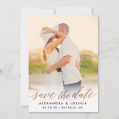 Rose Gold Script Foto Save the Date in Imitate Foi (Vorderseite)