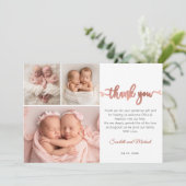 Rose Gold Script Girl Twins Babies 3 Photo Collage Dankeskarte (Stehend Vorderseite)