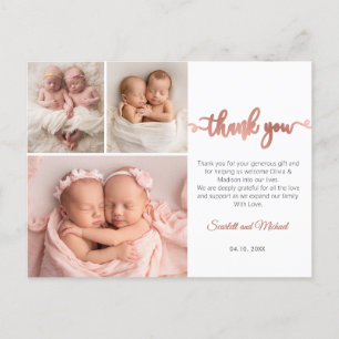 Rose Gold Script Girl Twins Baby Foto Vielen Dank Postkarte