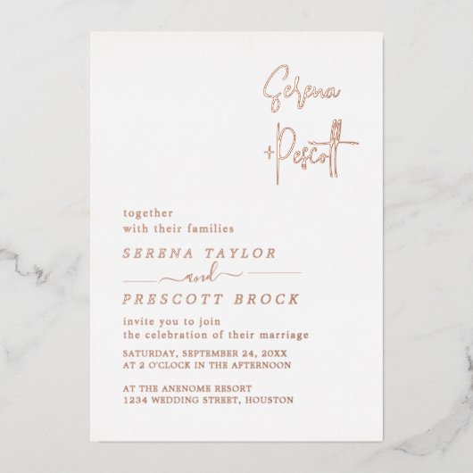 Rose Gold Script Hochzeit Real Foil Einladung (Vorderseite)
