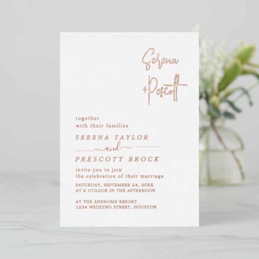 Rose Gold Script Hochzeit Real Foil Einladung (Stehend vorne)