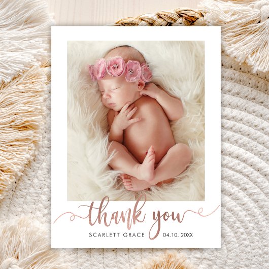 Rose Gold Script Modern Baby Foto Vielen Dank Postkarte