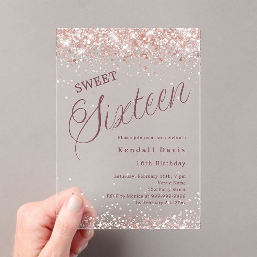 Rose gold script modern Sweet 16 clear Acryleinladungen (Insitu (Handheld))
