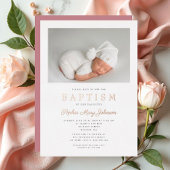 Rose Gold Script Moderne rosa Foto Girl Taufe Folieneinladung
