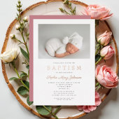 Rose Gold Script Moderne rosa Foto Girl Taufe Folieneinladung