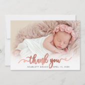 Rose Gold Script Neugeborenen Kinderfoto Vielen Da Dankeskarte (Vorderseite)