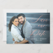 Rose Gold Script Overlay Foto Magneteinladung (Vorderseite)