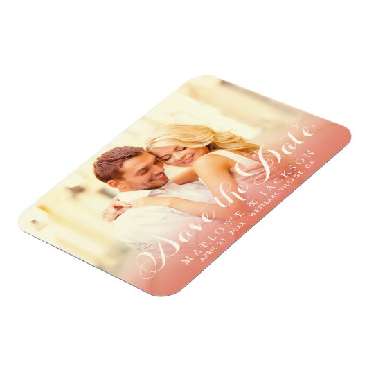 Rose Gold Script Overlay Foto Save the Date Elfenb Magnet (Linke Seite)