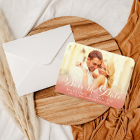 Rose Gold Script Overlay Foto Save the Date Elfenb