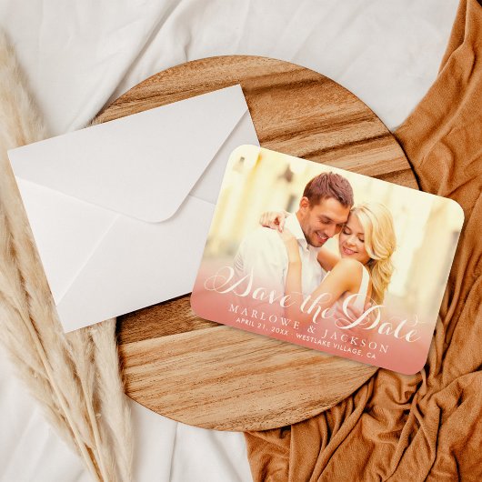 Rose Gold Script Overlay Foto Save the Date Elfenb Magnet