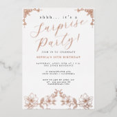 Rose Gold Script Rose Überraschung Party Fossil Folieneinladung (Vorderseite)