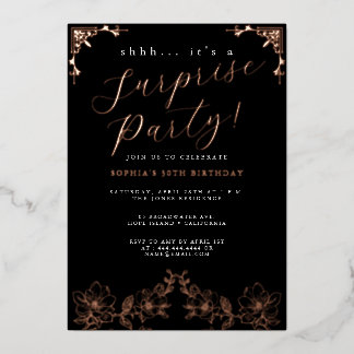 Rose Gold Script Rose Überraschung Party Fossil Folieneinladung