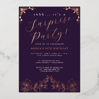 Rose Gold Script Rose Überraschung Party Fossil Folieneinladung