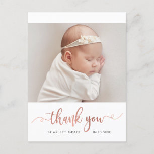 Rose Gold Script Simple Baby Foto Vielen Dank Postkarte