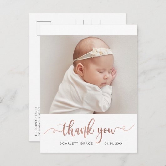 Rose Gold Script Simple Baby Foto Vielen Dank Postkarte (Vorne/Hinten)
