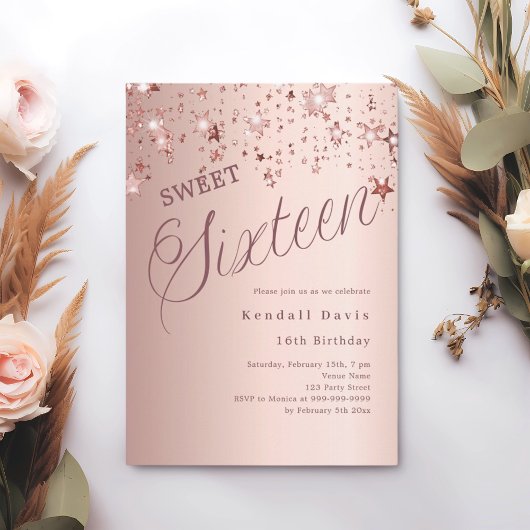 Rose gold script stars modern Sweet 16 Einladung