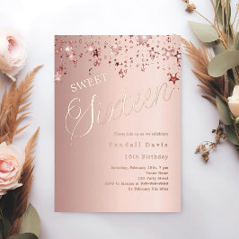 Rose gold script stars modern Sweet 16 Folieneinladung
