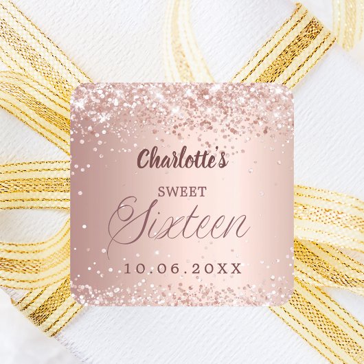 Rose gold script Sweet 16 Quadratischer Aufkleber