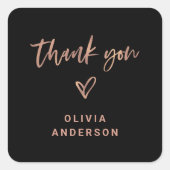 Rose Gold Script und Herz auf Schwarz | Danke Quadratischer Aufkleber (Vorderseite)