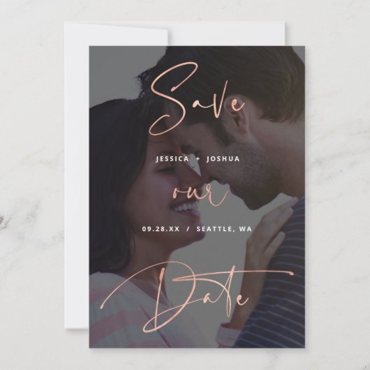 Rose Gold Script Vellum Look Foto Save the Date Einladung (Vorderseite)