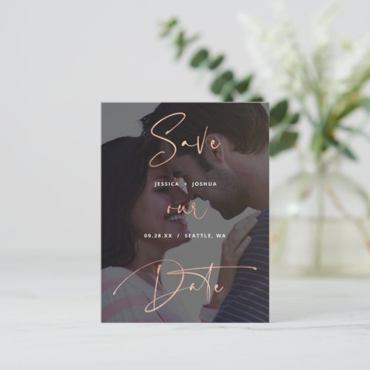 Rose Gold Script Vellum Look Foto Save the Date Postkarte (Stehend Vorderseite)