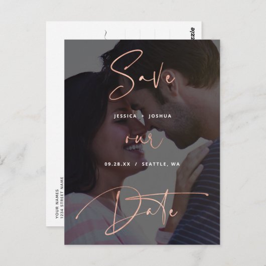 Rose Gold Script Vellum Look Foto Save the Date Postkarte (Vorne/Hinten)