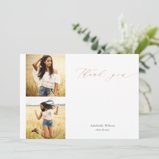 Rose Gold Script Zwei Foto Abschluss Vielen Dank Dankeskarte (Stehend Vorderseite)