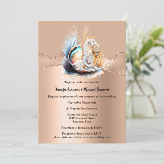 Rose Gold Seepferd schimmern irisierende Muschel K Einladung (Stehend Vorderseite)