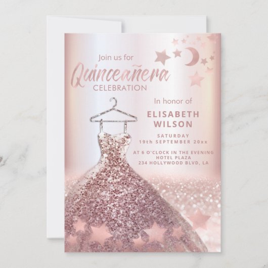 Rose Gold Sequenzen kleiden Mondstars Quinceañera Einladung (Vorderseite)