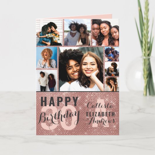 Rose Gold Sequin Foto Collage Happy Birthday Card Karte (Vorderseite)