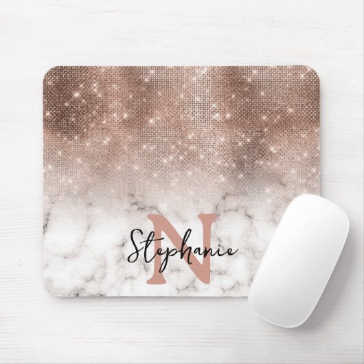 Rose Gold Sequin Glitzer Marble Ombre Monogram Mousepad (Mit Mouse)