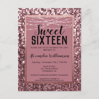 Rose Gold Sequin/Glitzer Sweet 16 Geburtstagsparty Postkarte