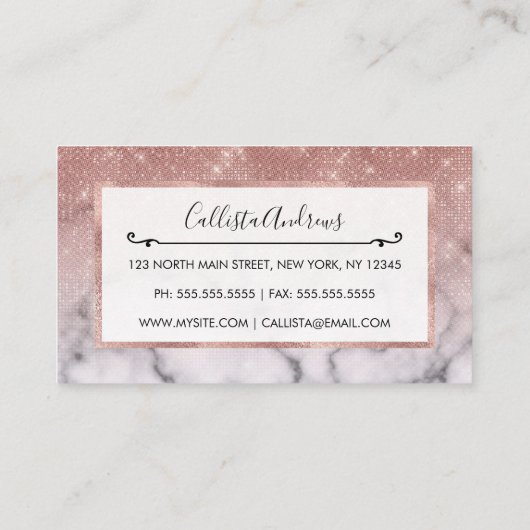 Rose Gold Sequin Glitzer Weißes Marmor Ombre Visitenkarte (Rückseite)