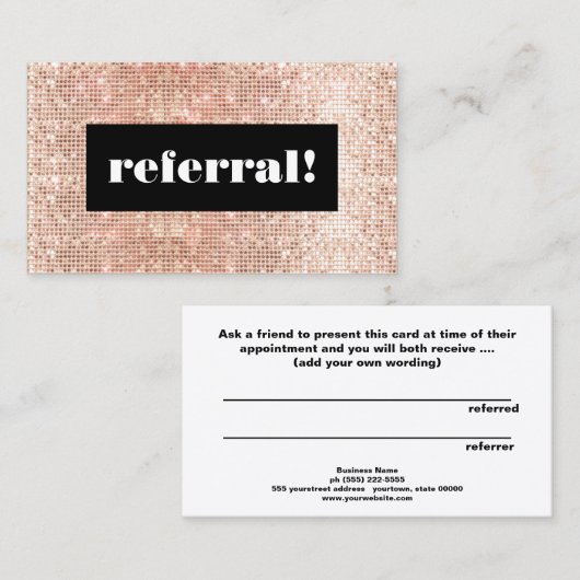 Rose Gold Sequins Cosmetology Kundenreferenz Empfehlungskarte (Vorne/Hinten)