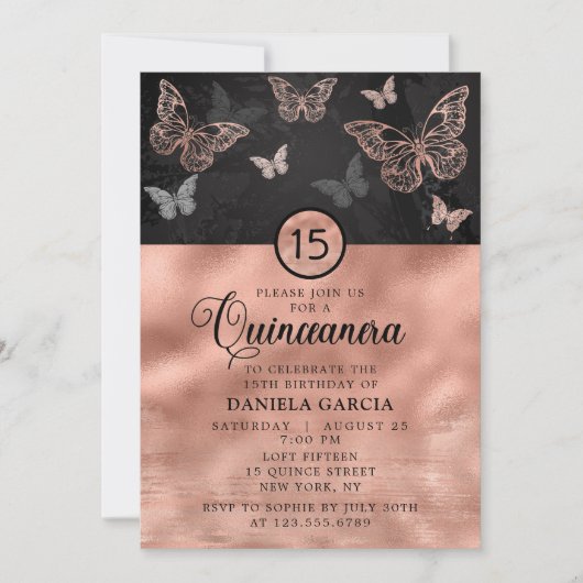 Rose Gold Shimmer Butterfly Modern Quinceañera Einladung (Vorderseite)