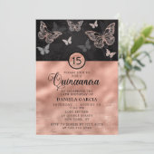 Rose Gold Shimmer Butterfly Modern Quinceañera Einladung (Stehend Vorderseite)