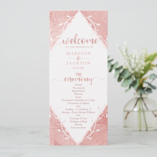 Rose Gold Shimmer Metallic Foil Wedding Programm (Stehend Vorderseite)