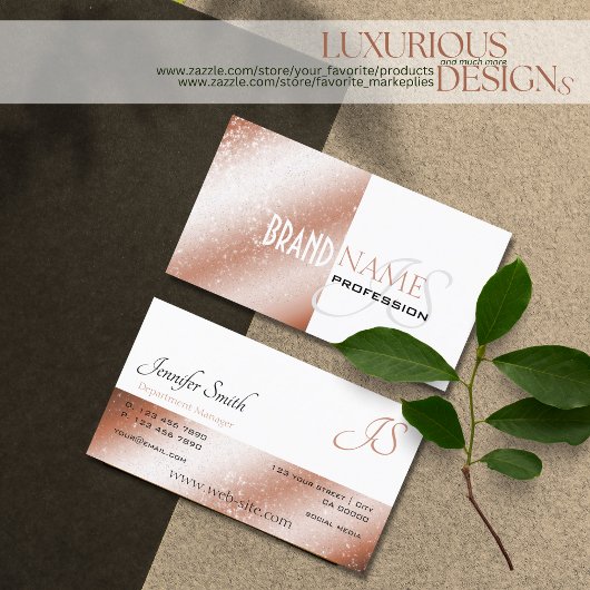 Rose Gold Shimmer White Glitzer Stars und Monogram Visitenkarte
