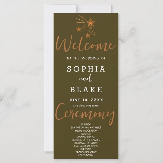 Rose Gold Shooting Stars Brown Wedding Programm (Vorderseite)
