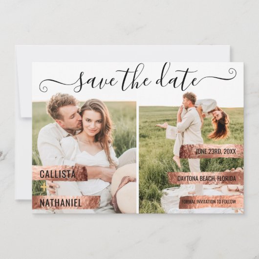 Rose Gold Signature Script-Foto Save the Date (Vorderseite)