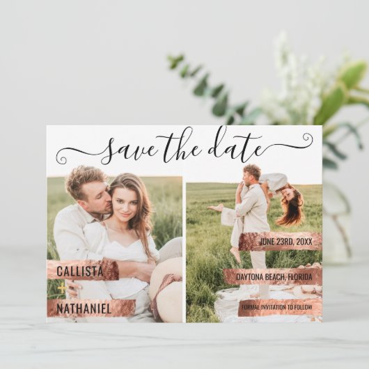 Rose Gold Signature Script-Foto Save the Date (Stehend Vorderseite)