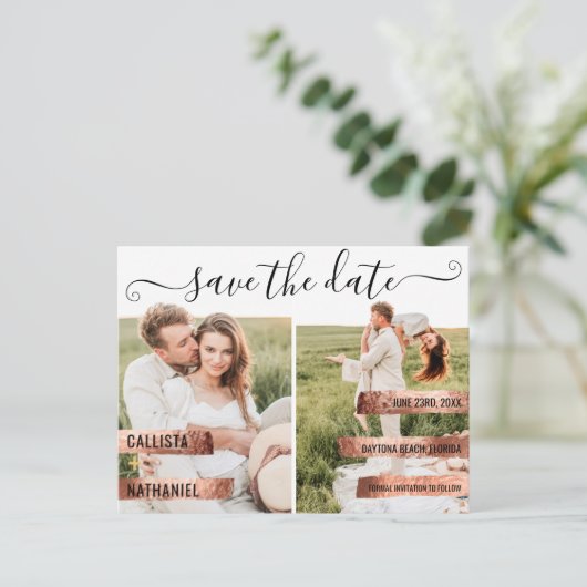 Rose Gold Signature Script-Foto Save the Date Ankündigungspostkarte (Stehend Vorderseite)