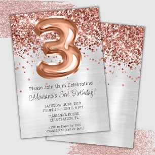 Rose Gold Silber 3. Geburtstags-Einladung Einladung