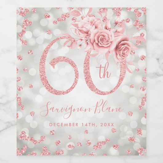 Rose Gold Silber 60. Geburtstag Blumenlampen Weinetikett (Einzelnes Label)